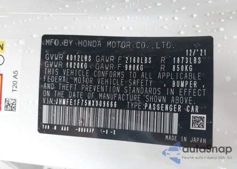 2022 Honda Civic Ex из США, поврежденный, VIN JHMFE1F75NX009666